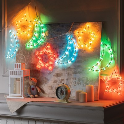 Гирлянда «Бахрома» 1.3 × 0.3 м с насадками «Звезда и месяц», IP20, белая нить, 120 ламп, свечение мульти, 8 режимов, 220 В