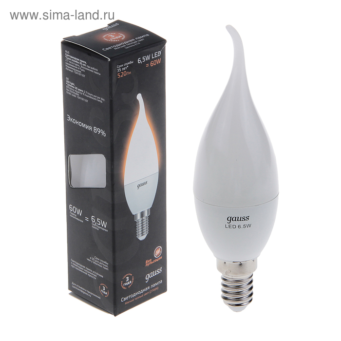 Лампа светодиодная Gauss, C37, 6.5 Вт, E14, 2700 K, теплый белый - Фото 1
