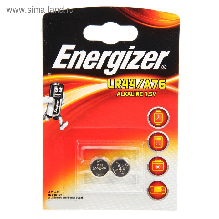 Батарейка алкалиновая Energizer, LR44 (A76, V13GA)-2BL, блистер, 2 шт. - Фото 1