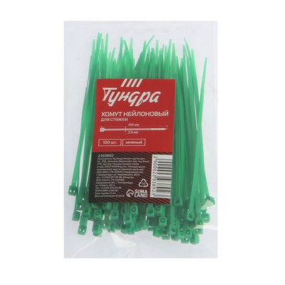 Хомут нейлоновый для стяжки, ТУНДРА, 2,5х100 мм, зеленый, 100 шт