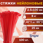 Хомут нейлоновый для стяжки, ТУНДРА, 2.5×100 мм, красный, 100 шт. - Фото 1