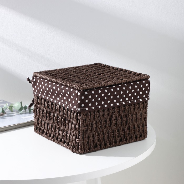 Корзина для хранения плетёная ручной работы с крышкой Доляна «Горошек», 20×20×15 см, цвет коричневый - Фото 1