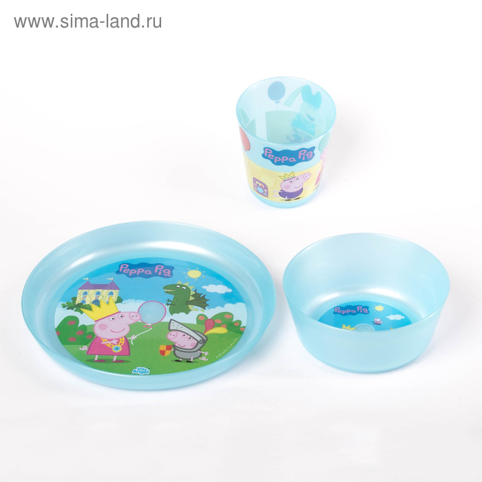 Набор детской посуды «Свинка Пеппа», 3 предмета: тарелка 450 мл, миска 430 мл, стакан 270 мл, от 6 мес., цвет голубой - Фото 1