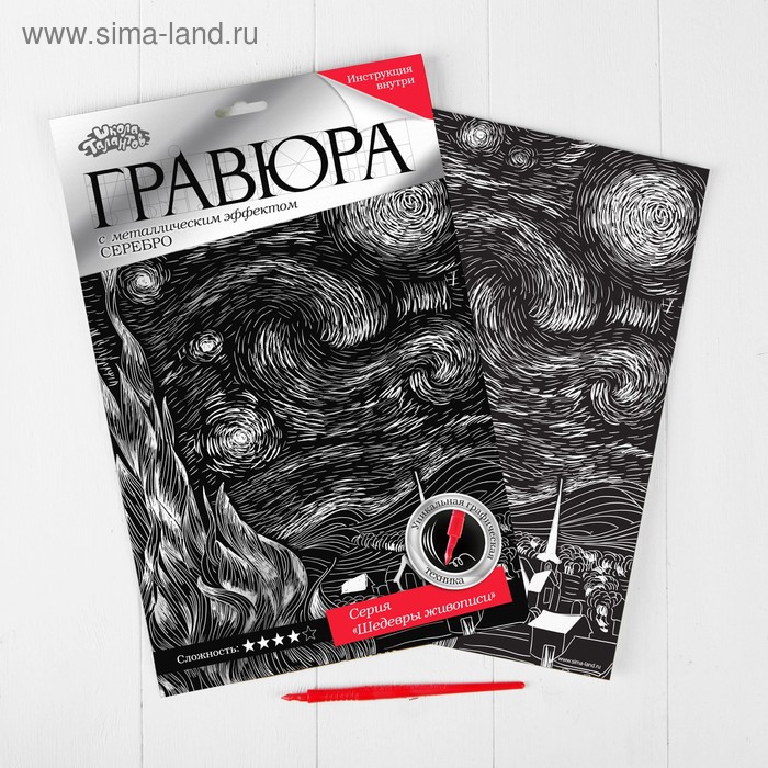 Гравюра «Звёздная ночь» с металлическим эффектом серебра А4 - Фото 1