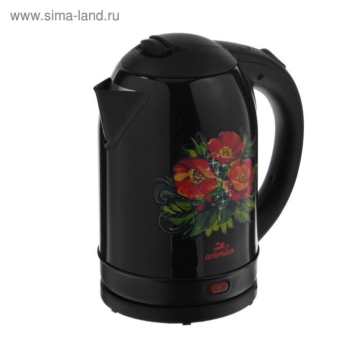 Чайник электрический "Добрыня" DO-1215, металл, 2 л, 2200 Вт, черный с цветами - Фото 1