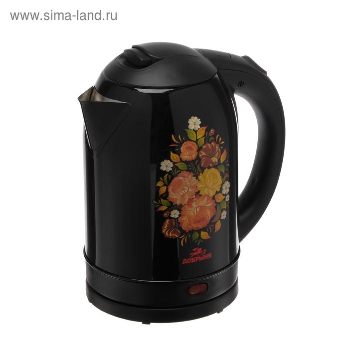 Чайник электрический "Добрыня" DO-1219, металл, 2 л, 2000 Вт, черный с цветами - Фото 1
