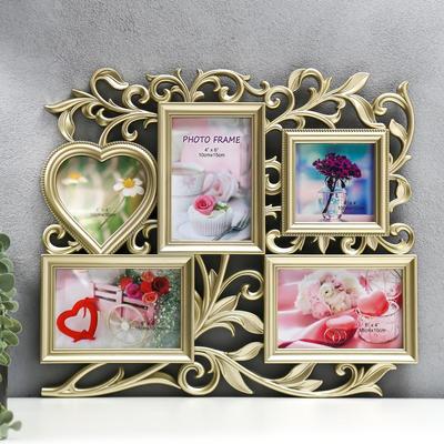 Фоторамка-коллаж на 5 фото 10×15 см, 10×10 см «Флористика», пластик, мультирамка, золотая, 40×36 см