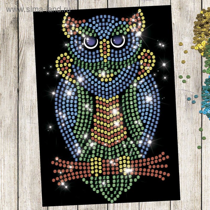 Аппликация пайетками с клеевым слоем "Сова", 21×30 см