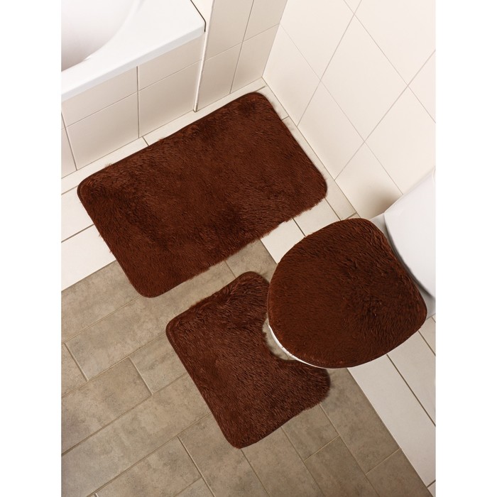Набор ковриков для ванной и туалета Доляна «Пушистик», 3 шт, 32×40, 40×50, 50×80 см, цвет коричневый - Фото 1