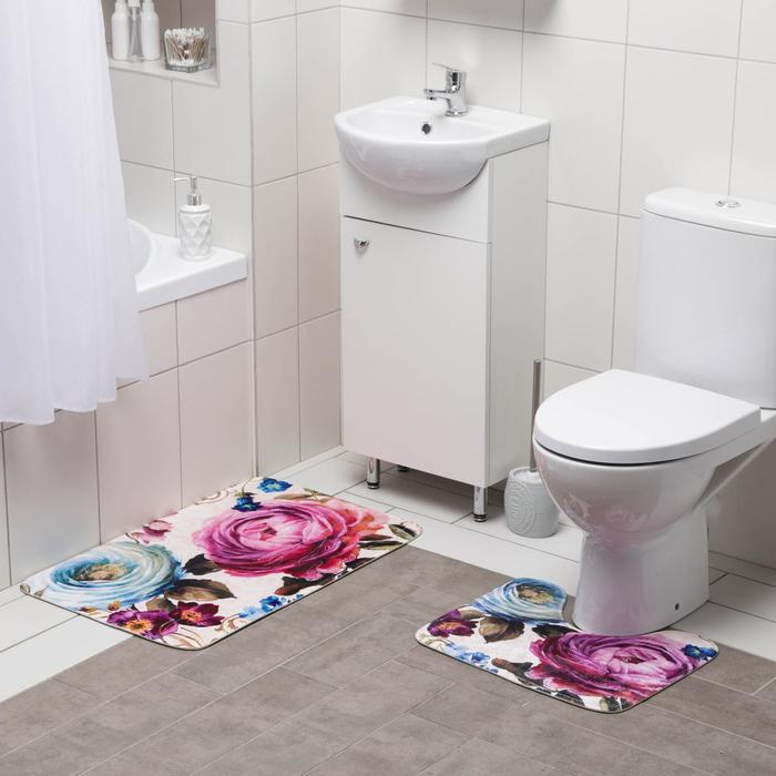 Набор ковриков для ванной и туалета Доляна «Пионы», 2 шт: 39×49, 50×80 см, цвет серый - фото 1909807584