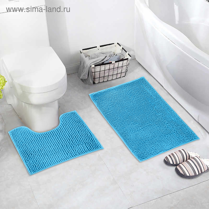 Набор ковриков для ванной и туалета «Букли», 2 шт, 40×50, 50×80 см, цвет синий - Фото 1