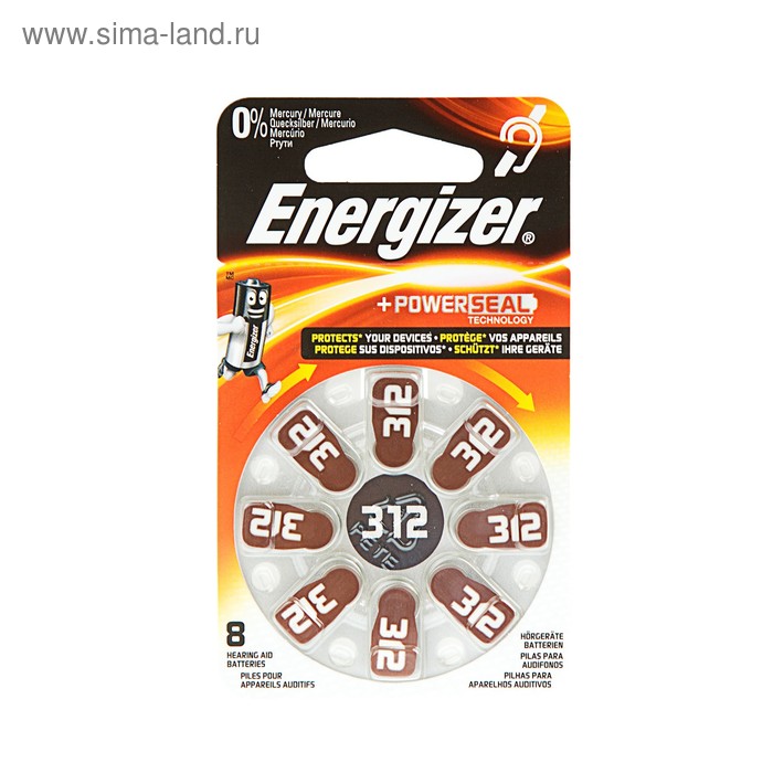 Батарейка цинковая Energizer, A312 (PR41)-8BL, для слуховых аппаратов, 1.4В, блистер, 8 шт. - Фото 1