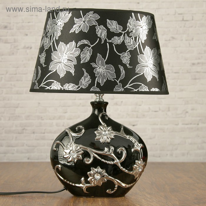 Лампа настольная с абажуром Е14 40 Вт "Серебристые цветы на чёрном" стразы 37х18х29 см - Фото 1