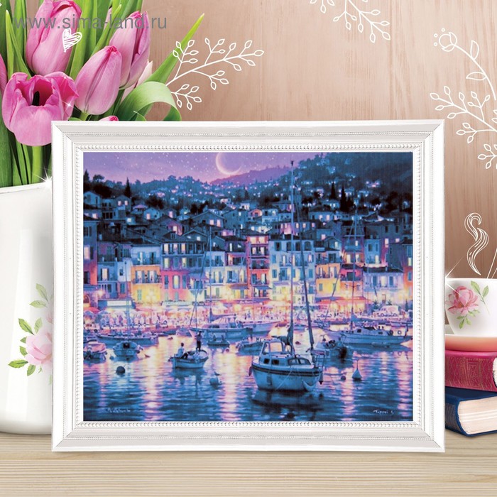 Роспись по холсту "Пристань в ночи" по номерам с красками по 3 мл+ кисти+крепеж 30*40 - Фото 1