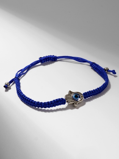 Браслет-оберег «Детский» глазик в плетении, синий в чернёном серебре, d=4 см