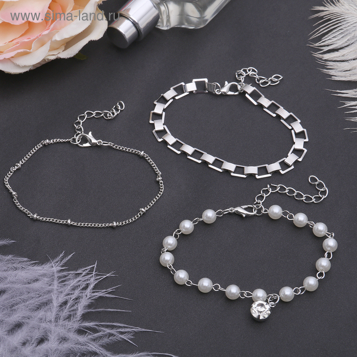 Браслет жемчуг "Романтик" капля, набор 3 штуки, цвет белый в серебре - Фото 1