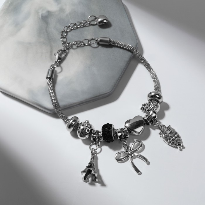 Браслет ассорти «Марджери» романтик, сова, цвет чёрный в серебре, L=18 см - Фото 1