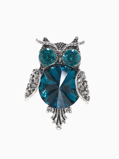 Брошь «Сова круглая», синяя в чернёном серебре