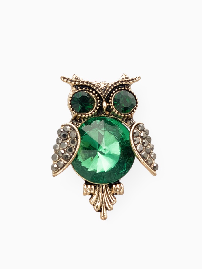 Брошь «Сова круглая», зелёная в чернёном золоте - Фото 1