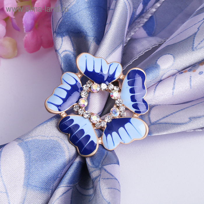 Кольцо для платка "Цветок незабудка", цвет сине-голубой в матовом золоте