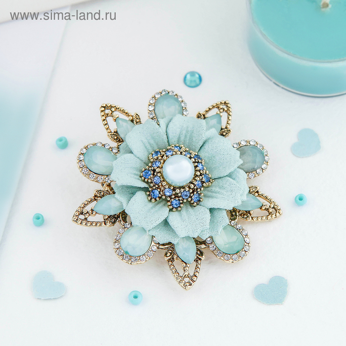 Брошь «Цветок цинния», цвет голубой в чернёном золоте - Фото 1