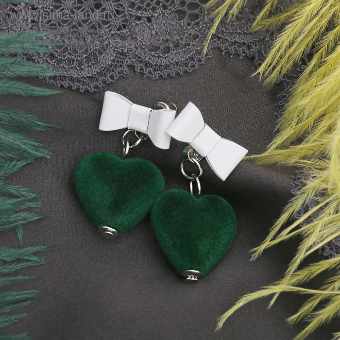 Серьги ассорти "Сердце" с бантом, объёмное, цвет бело-зелёный - Фото 1