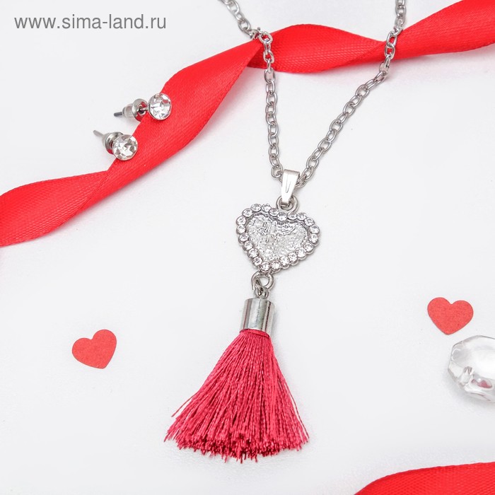 Гарнитур 2 предмета: серьги кулон "Кисть" сердце, цвет бело-бордовый в серебре, 50см - Фото 1