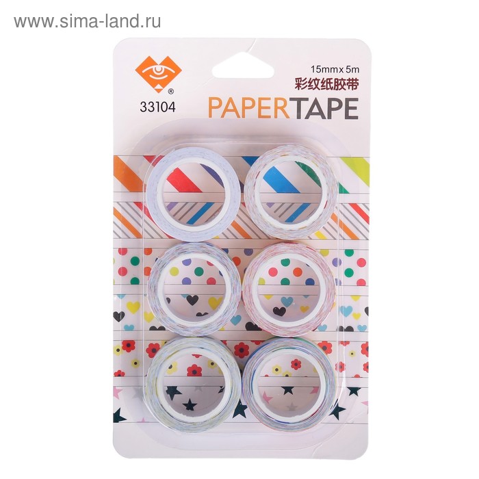Клейкая лента декоративная бумажная "Рисунки на белом" (набор 6 шт) 1,5 см 5 метров МИКС - Фото 1