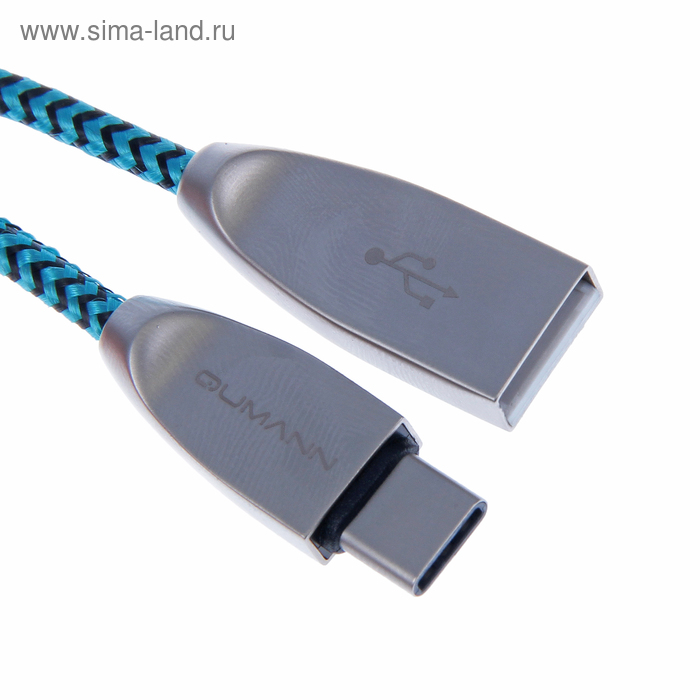 Кабель Qumann, Type-C - USB, текстильная оплетка, 2.4 А, 1.8 м, бирюзово-чёрный - Фото 1