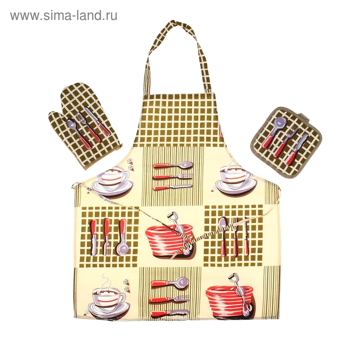 Кухонный набор Collorista "Приборы ", 2 предмета: прихватка 17*17 см, варежка 17*24 см, фартук 58*68 см, 100% хлопок - Фото 1