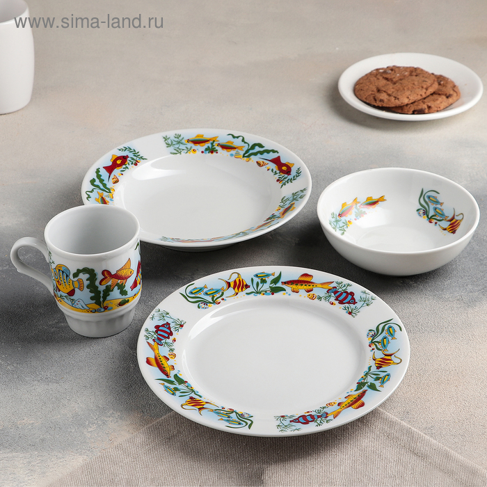 Набор посуды «Аквариум», 4 предмета: тарелка маленькая d=20 см, тарелка глубокая 200 мл, миска 350 мл - Фото 1