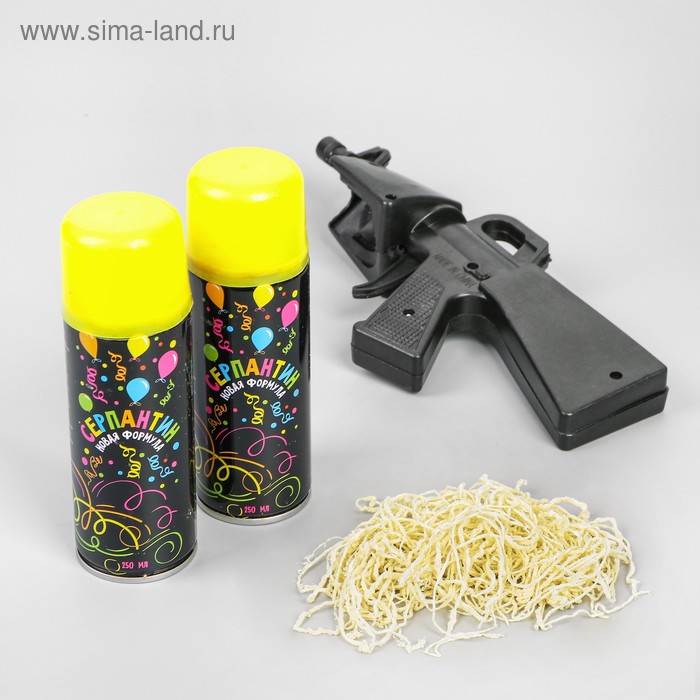 Спрей серпантин с пистолетом, цвет жёлтый, набор: 2 шт. по 250 мл - Фото 1