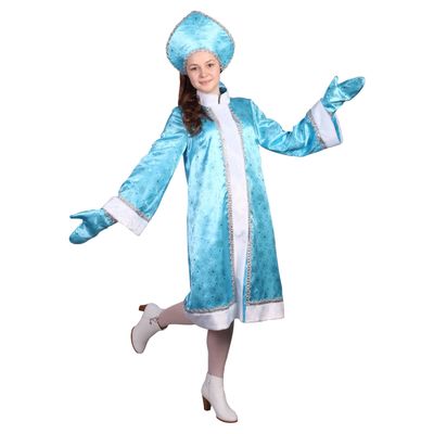 Карнавальный костюм "Снегурочка", атлас, прямая шуба с искрами, кокошник, варежки, цвет голубой, р-р 42