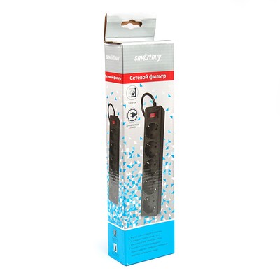 Сетевой фильтр Smartbuy One, 5 розеток, 1.8 м, 10 А, 2200 Вт, с заземлением, чёрный