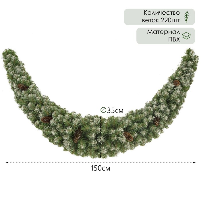 Новогодняя хвойная гирлянда заснеженная 150 см «ЕлкиТорг. Адмирал» на дверь, на стену, декор шишки, 220 ПВХ веток - Фото 1