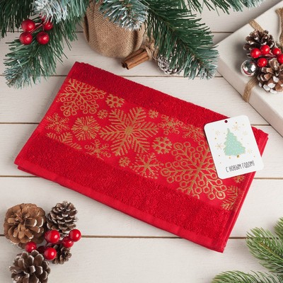 Полотенце махровое "Снежинки" красн 30х70 см 100% хл, 370гр/м2