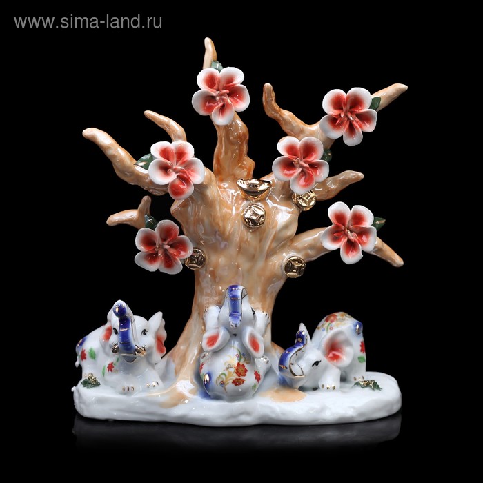 сувенир нэцкэ под фарфор 3слоника у сакуры с монетами h=25 F9 - Фото 1