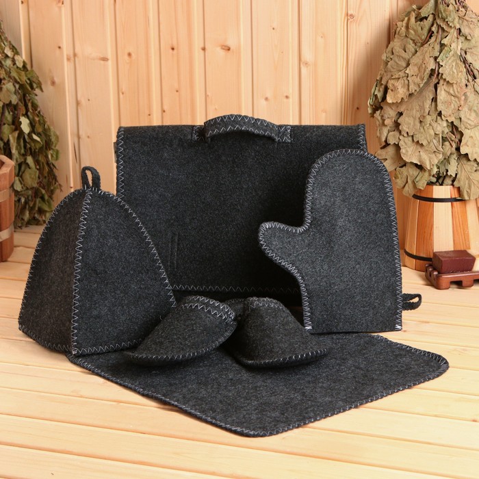 Набор для бани «Мужской», 5 предметов: шапка, коврик, рукавица, тапочки, сумка, шерсть 30%, полиэфир 70%, тёмный, «Добропаровъ»