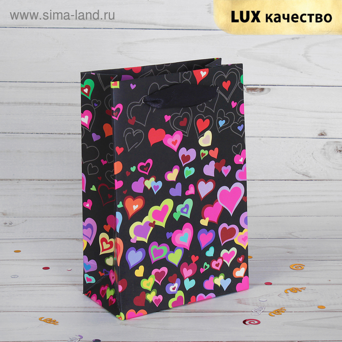Пакет подарочный "Разноцветные сердечки", люкс, 12 х 6 х 18 см - Фото 1
