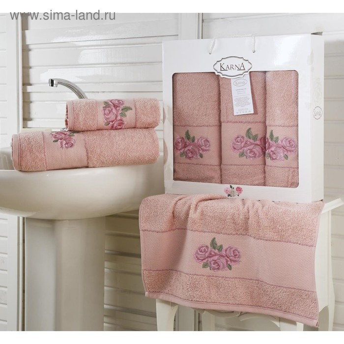 Комплект махровых полотенец «Havin», размер 50 х 90 см - 2 шт., 70 х 140 см - 1 шт., грязно - розовый - Фото 1