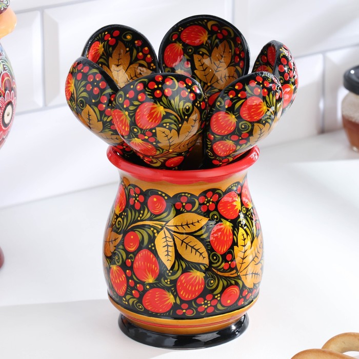 Набор посуды: «Хозяюшка», 6 ложек и ваза, 13×9 см, хохлома дерево - Фото 1