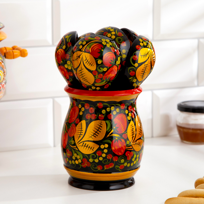 Набор «Хозяюшка», 6 ложек и ваза, 13×9 см, хохлома - фото 1899557677