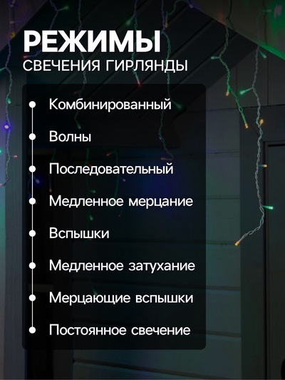 Гирлянда «Бахрома» 4×0.6 м, IP44, белая нить, 180 LED, свечение мульти, 8 режимов, 220 В