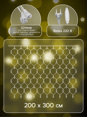 Гирлянда «Сеть» 2 × 3 м, IP44, УМС, прозрачная нить, 384 LED, свечение тёплое белое, 220 В