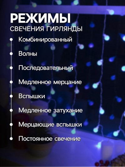 Гирлянда «Занавес» 2×1.5 м с насадками «Шарики», IP20, прозрачная нить, 360 LED, свечение синее, 8 режимов, 220 В