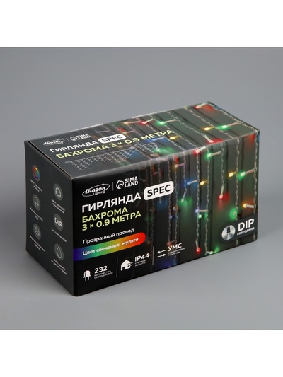 Гирлянда «Бахрома» 3×0.9 м, IP44, УМС, прозрачная нить, 232 LED, свечение мульти, 220 В