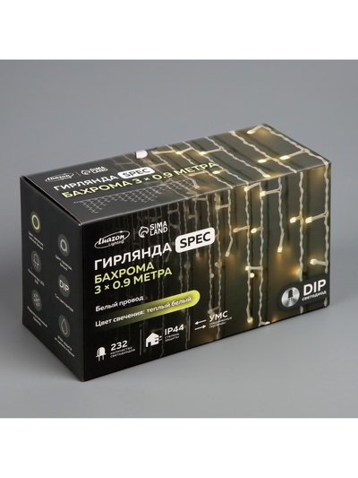 Гирлянда «Бахрома» 3×0.9 м, IP44, УМС, белая нить, 232 LED, свечение тёплое белое, 220 В