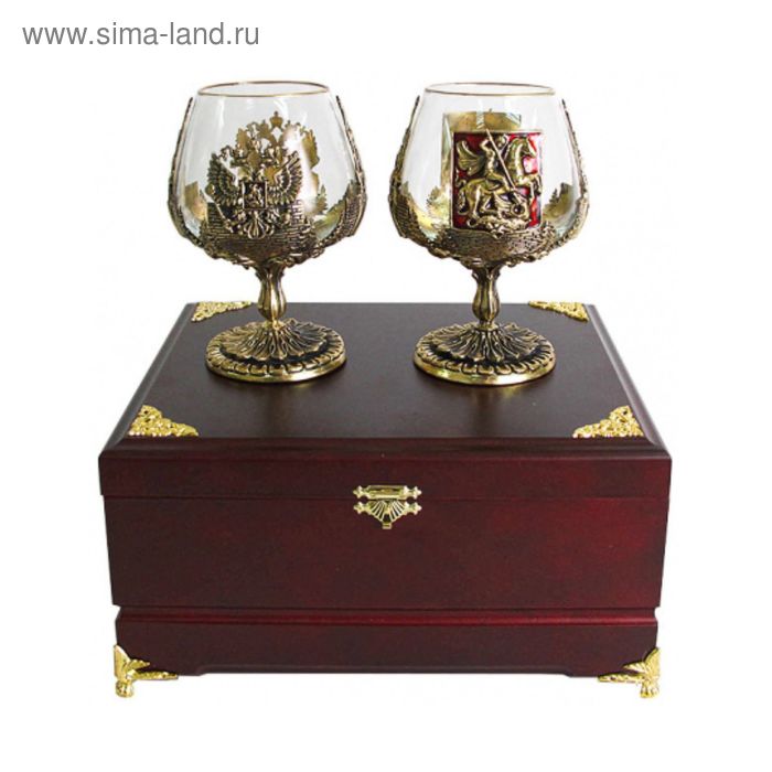 Набор из двух бокалов для коньяка «Москва и Россия» в деревянной шкатулке - Фото 1