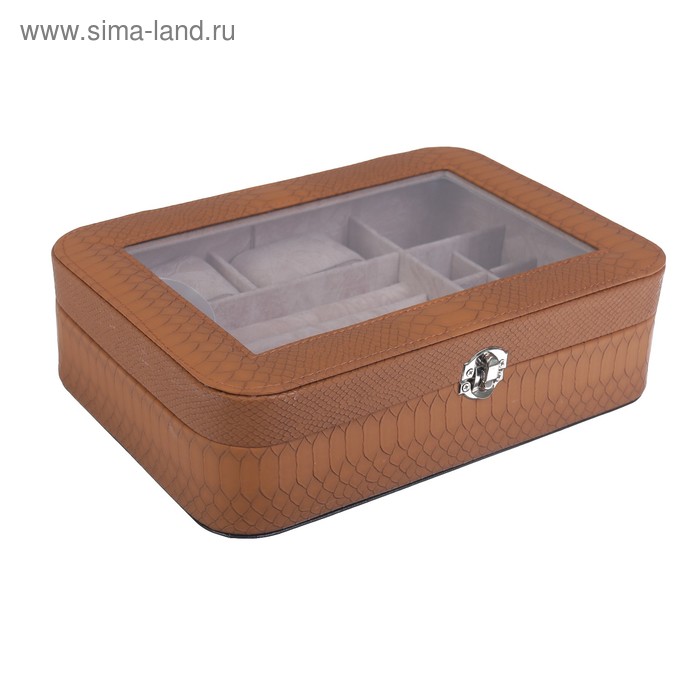 Шкатулка кожзам под часы 2 отделения и бижутерию "Горчица" 7,5х27х19,5 см - Фото 1