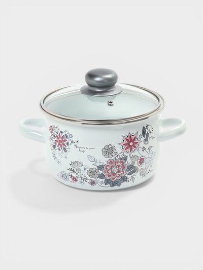 Кастрюля эмалированная «Весенний романс», 2 л, d=19 см, стеклянная крышка, индукция, белая